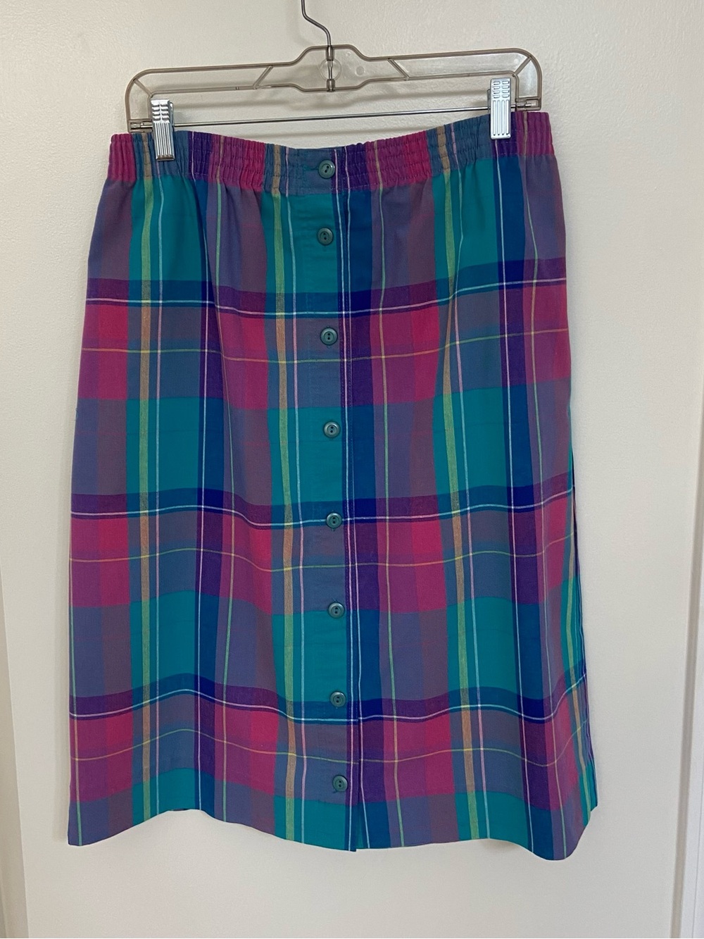 Vintage Jantzen Plaid Midi Skirt Size 12 Button Front Elastic Waist Color